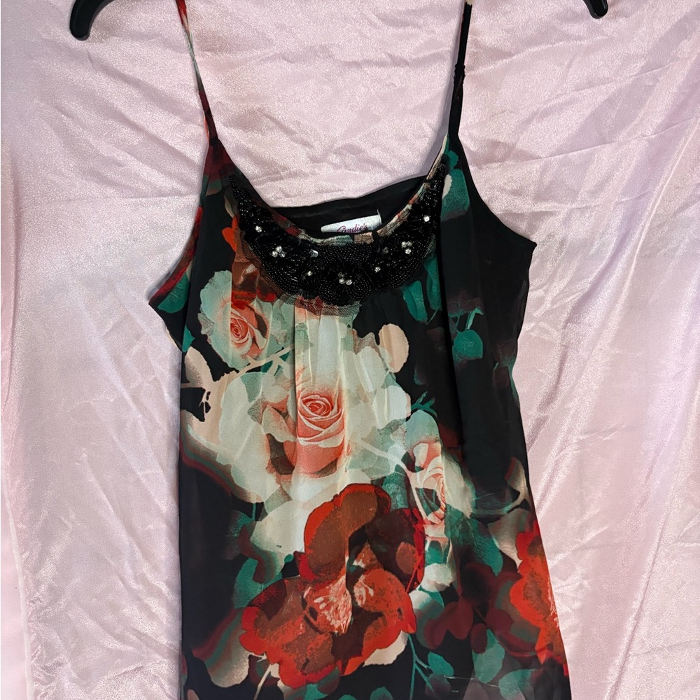 Candie's Black and Red Floral Camisole with Beaded Neckline